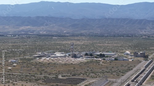 Wide desert landscape shot near Tabernas Almeria Spain arid valley and mountain ranges surrounding renewable energy region