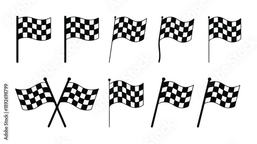 Set of Black and White Racing Checkered Flags on White Background Keywords: checkered flag, racing flag, race, finish line