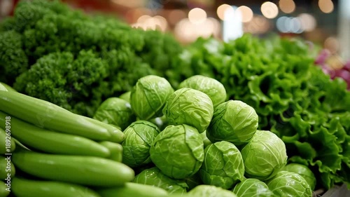 Fresh green vegetables are arranged in a market. The display includes brussels sprouts, lettuce, and various greens. Customers can see the vibrant colors and textures.