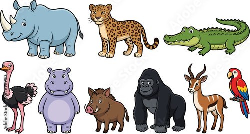 Cute cartoon wild animal character set including rhino leopard crocodile gorilla and birds, colorful zoo illustration collection isolated on white background