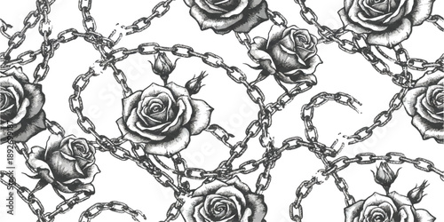 Monochrome hand-drawn seamless pattern featuring entangled roses and chains in a vintage tattoo-style vector illustration background