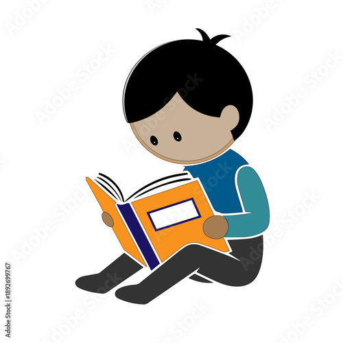 Cute flat vector illustration of a child reading a book