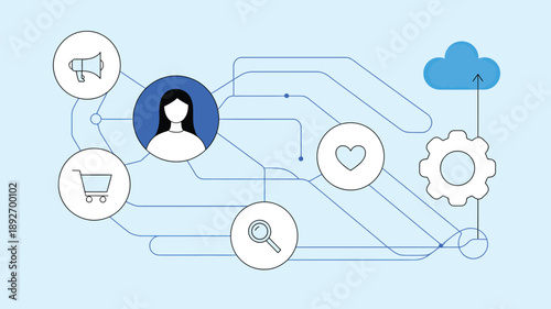 Digital commerce network illustration with user profile, shopping, cloud and connection icons
