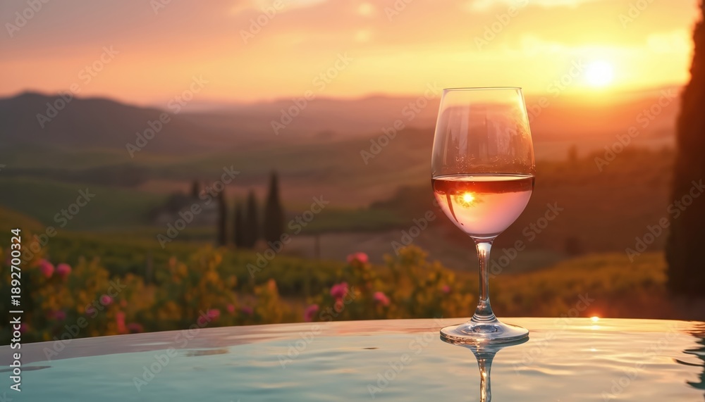 Fototapeta premium Glass of rose wine at poolside during golden hour sunset overlooking Tuscan hills. Vacation relaxation with scenic vineyard and blooming flowers backdrop.