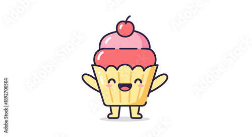 Cheerful Cupcake Character: A delightful cartoon cupcake smiles with glee, its frosting crowned with a cherry, exuding joy and sweetness.