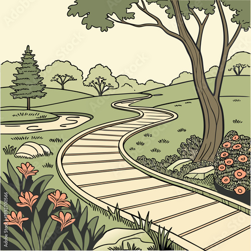 Modern Landscape Design with Curved Wooden Deck and Outdoor Living Area