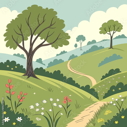 Natural Hillside Terrain Landscape, Vector Illustration