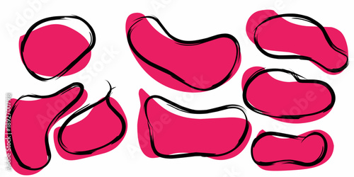 Abstract red fanta blob collection. Simple random blue blob vector. Round red waves with black lines.