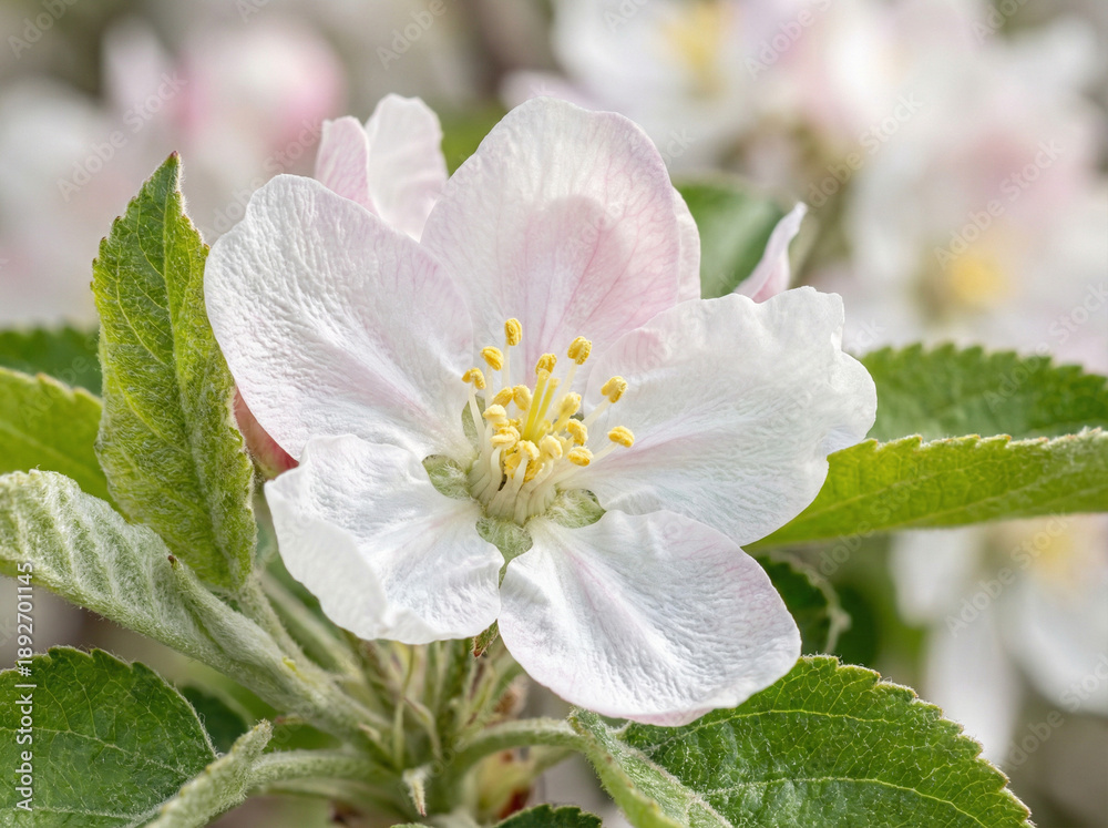 Obraz premium Apple blossom flower closeup with white petals and green leaves 