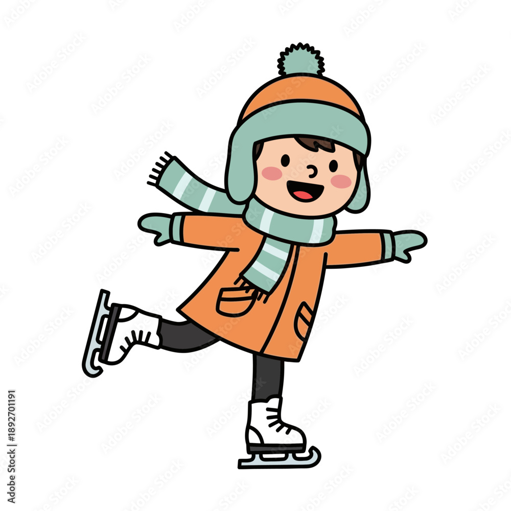 Fototapeta premium Happy Cartoon Boy Ice Skating in Winter Outfit