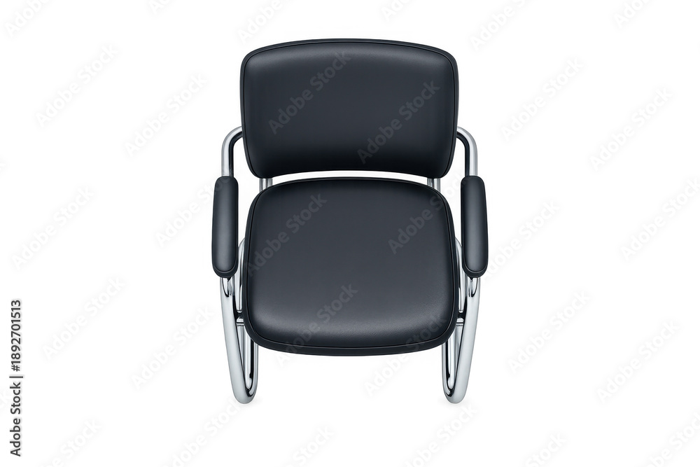 Fototapeta premium Top view of a sleek black leather office chair with chrome accents on a black background