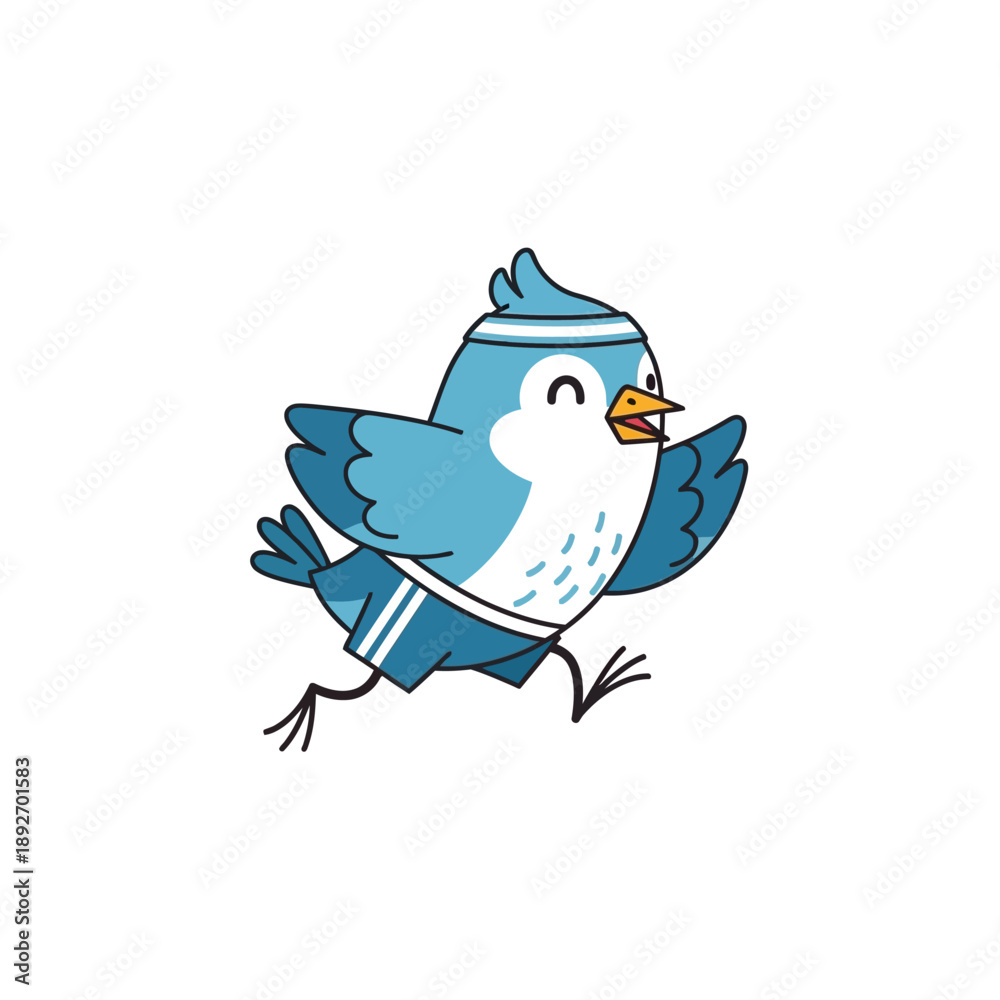 Fototapeta premium Cute cartoon blue bird running with athletic headband and shorts, fitness concept