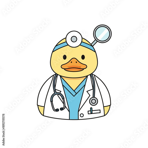 Cute doctor duck with stethoscope and head mirror, cartoon illustration