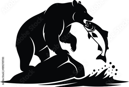 Wild bear fishing, catching salmon in flowing water design