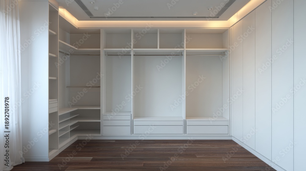 Fototapeta premium Modern empty walk in closet interior with white built in wardrobe shelves and soft lighting