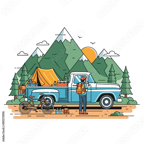 Retro Pickup Truck Camping Trip Adventure with Mountains and Tent