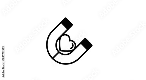 A minimalist line drawing of a horseshoe magnet attracting a heart on a plain white background with simple black lines.