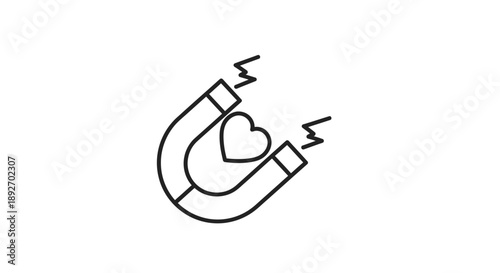 A simple line drawing of a horseshoe magnet attracting a heart on a white background with black lines.