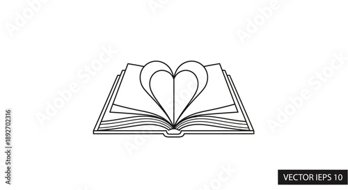 Line art illustration of an open book with a heart emerging from the pages on a white background in a simple graphic style.