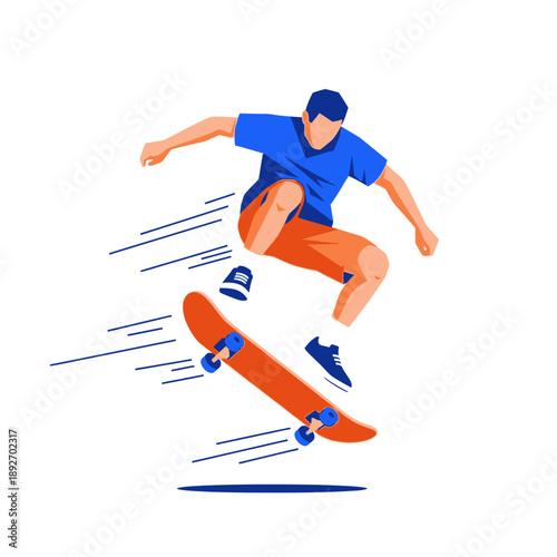 Skateboarder performing aerial trick with orange skateboard on white background