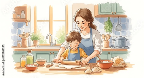 Watercolor illustration of a mother and child preparing food together for iftar during Ramadan in a cozy kitchen