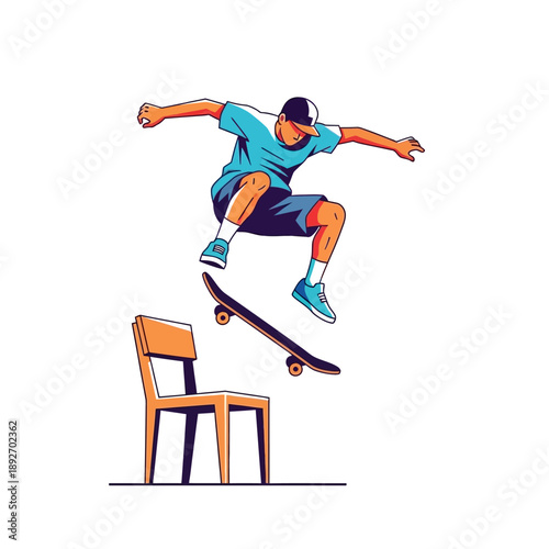 Skateboarder Jumps Over Chair, Extreme Sports Trick, Dynamic Action