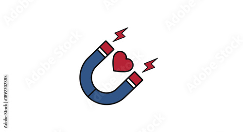 A blue horseshoe magnet with red tips attracts a red heart on a white background with electric sparks.