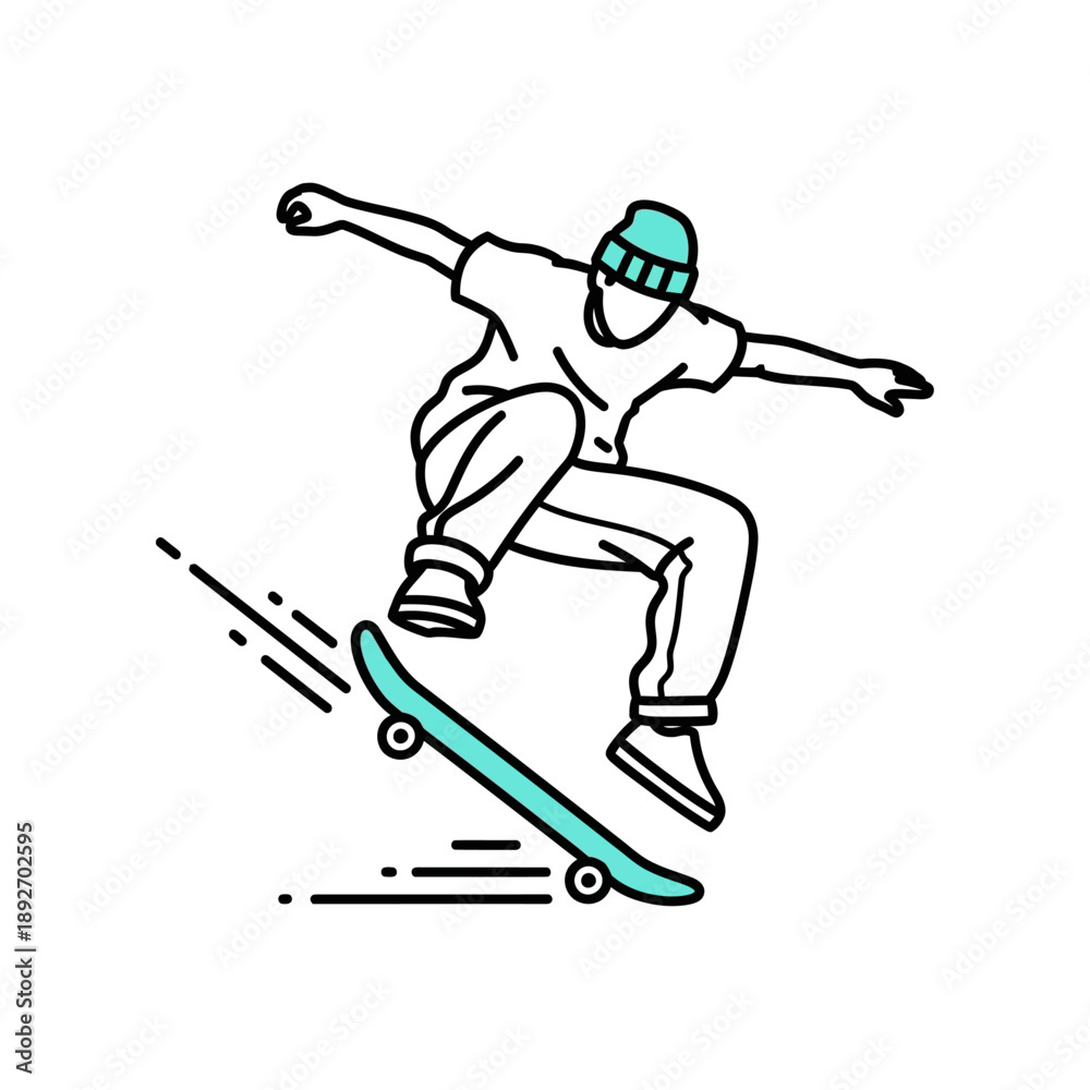 Obraz premium Skateboarder performing trick in the air, minimalist line art, urban sports