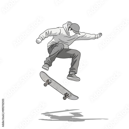 Skateboarder performing trick jump in mid-air, dynamic action, urban sport illustration