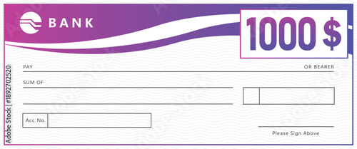 bank check template with purple gradient header and wavy background pattern. Professional financial document for payment, prize, or donation. Modern business layout on white.