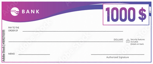 bank check template with purple gradient header and wavy background pattern. Professional financial document for payment, prize, or donation. Modern business layout on white.