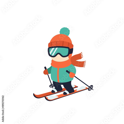 Cute cartoon skier boy in winter clothing skiing on white background