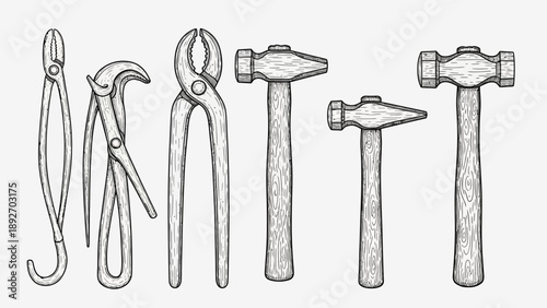 Hand Tools Collection: Hammers and Pliers Sketch