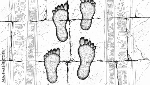 Ancient Footprints on Hieroglyphic Stone Pathway