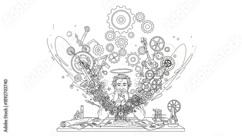 Steampunk Man with Gears and Inventions