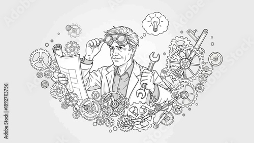 Inventor with Gears and Tools, Idea Light Bulb