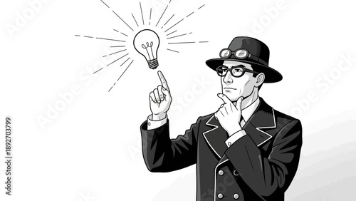 Man with light bulb idea, vintage inventor concept