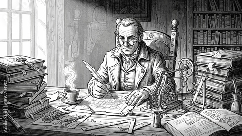 Old Scientist Working at Desk with Books and Instruments