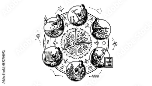 Vintage Illustration of Human Life Stages in Circular Clockwork