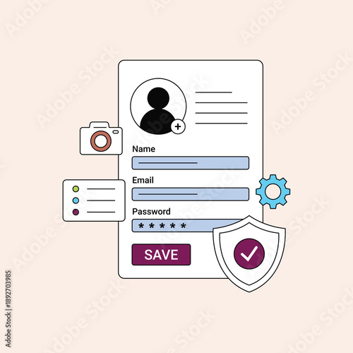 User profile registration and security with save button, camera icon, and gear for settings
