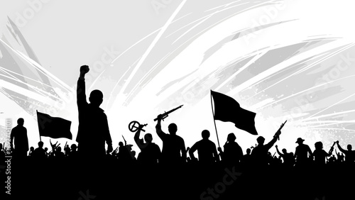 Protest Crowd Silhouette with Flags and Raised Fists