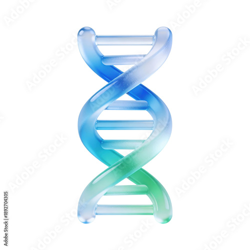 Transparent glass DNA helix icon in vertical view, isolated on transparent background. Glossy 3D illustration for medical science, genetics research, biotechnology concepts, and digital interfaces.