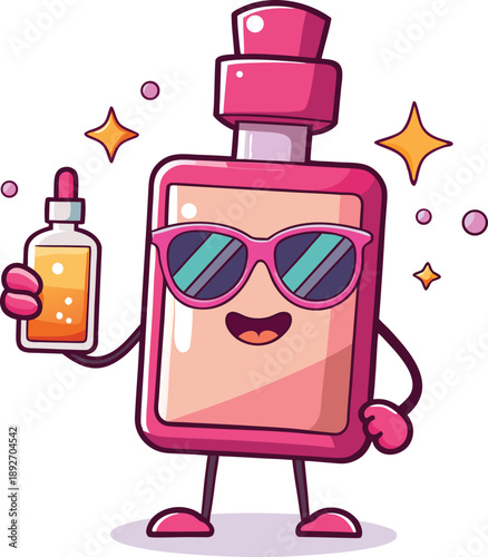 Elegant woman holding perfume bottle sparkle luxury beauty vector illustration