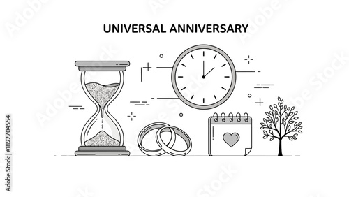 Anniversary symbols: hourglass, clock, rings, calendar, tree