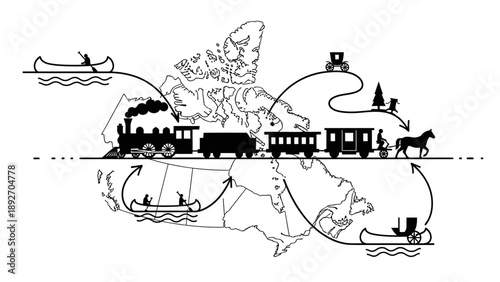 Canada Map with Transportation Icons: Train, Canoe, Horse Carriage