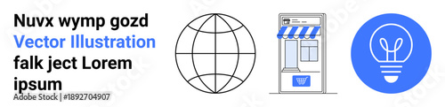 Online shopping, globalization, innovation, technology solutions, business development, creative ideas. Globe, storefront and light bulb icons. E-commerce and globalization concept