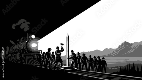 Railroad Construction: Train, Workers, Mountain Landscape, Black and White