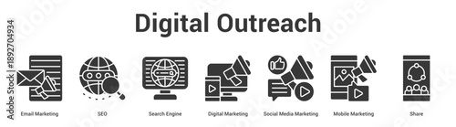 Digital Outreach web banner icon set vector illustration concept for business with icon of Email Marketing, SEO, Search Engine, Digital Marketing, Social Media Marketing, Mob.