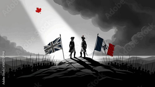 Historic Battle: British vs French Soldiers, Flags, Dramatic Sky