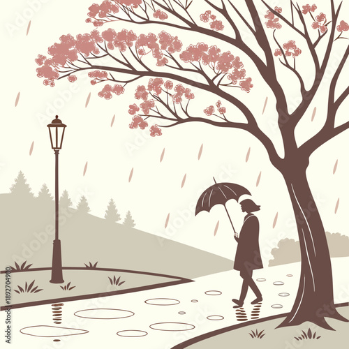 Spring Rain Puddles and Umbrella - Wet Outdoor Scene